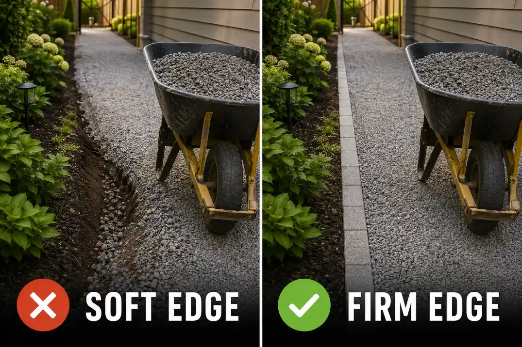 Comparison of a wheelbarrow on a side yard path with a soft rutting edge versus a firm supported access edge.