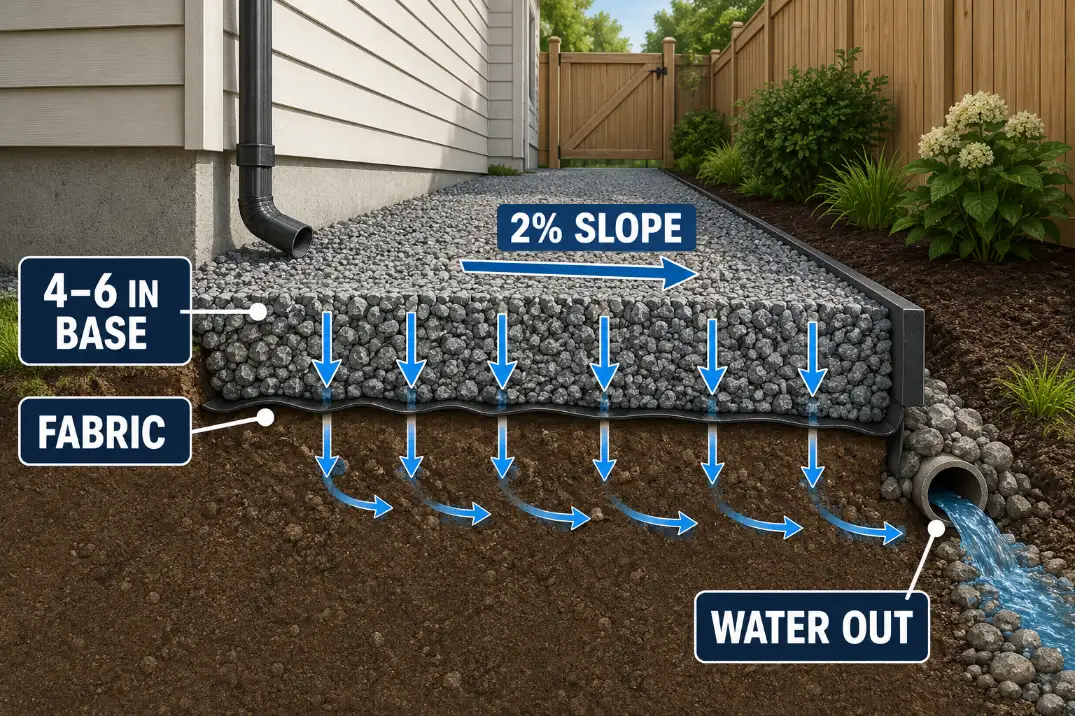 Diagram of a narrow side yard gravel access lane with fabric, a 4 to 6 inch base, and slope carrying water away from the house.