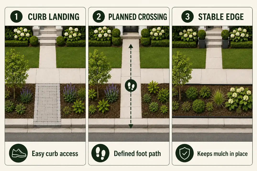 Overhead diagram of sidewalk strip maintenance ideas showing a curb landing, planned crossing, and stable edge to reduce cleanup.