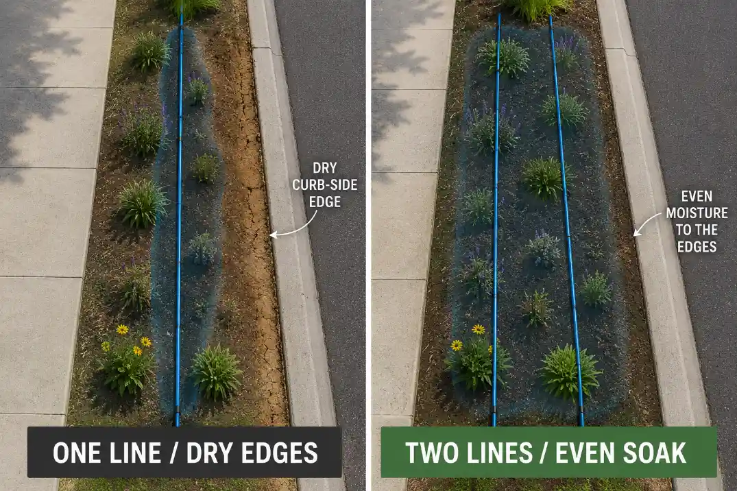 Comparison diagram showing one drip line leaving dry edges and two drip lines evenly watering a narrow sidewalk strip.