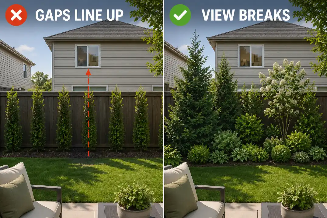 Comparison of a single hedge with aligned gaps and layered privacy landscaping that blocks a neighboring window view.