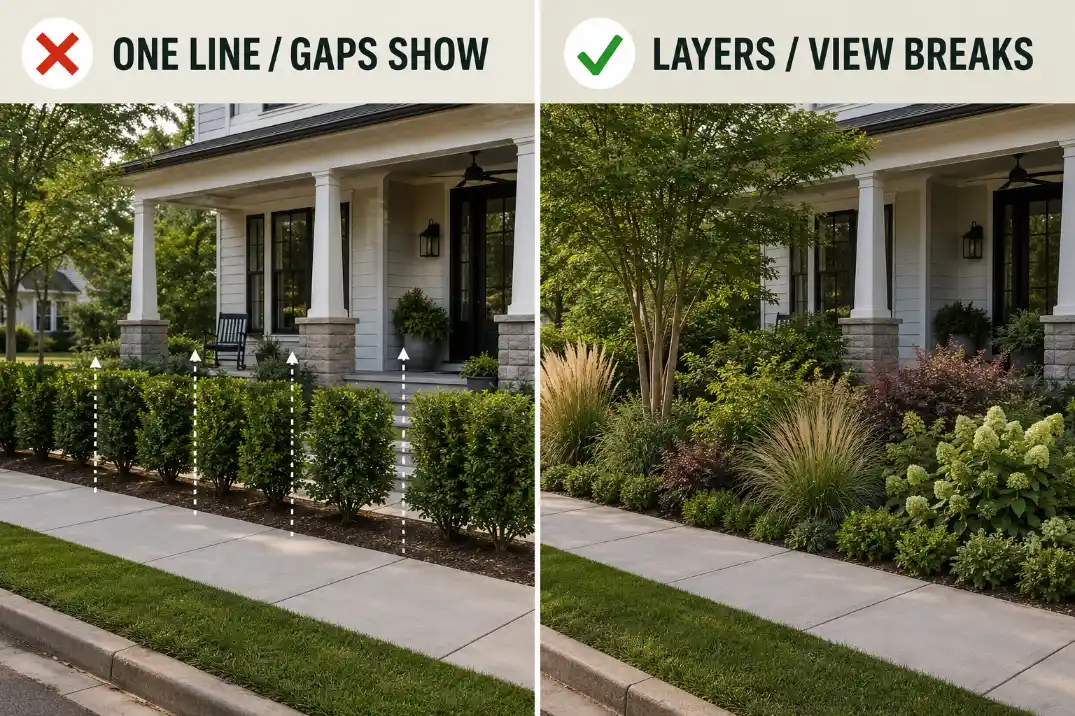 Comparison of a single front yard hedge with visible gaps versus layered privacy planting that breaks sidewalk views.
