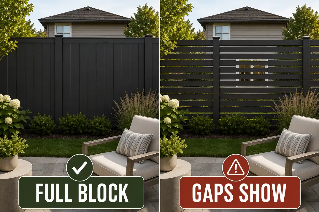 Comparison of a solid privacy fence and semi-private slat fence showing how gap lines affect backyard privacy.