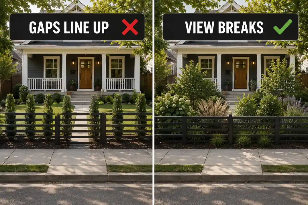 Comparison of a low front yard fence with aligned plant gaps versus staggered shrubs and grasses that break the street view.