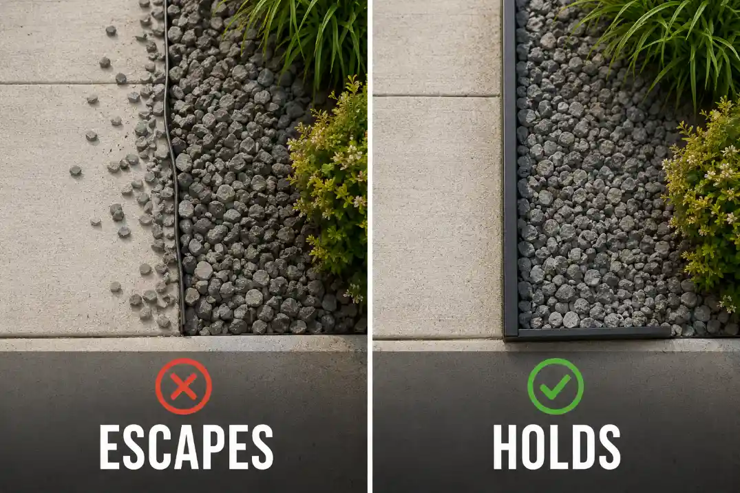 Comparison of weak sidewalk strip edging that lets gravel escape and taller anchored edging that holds gravel in place.