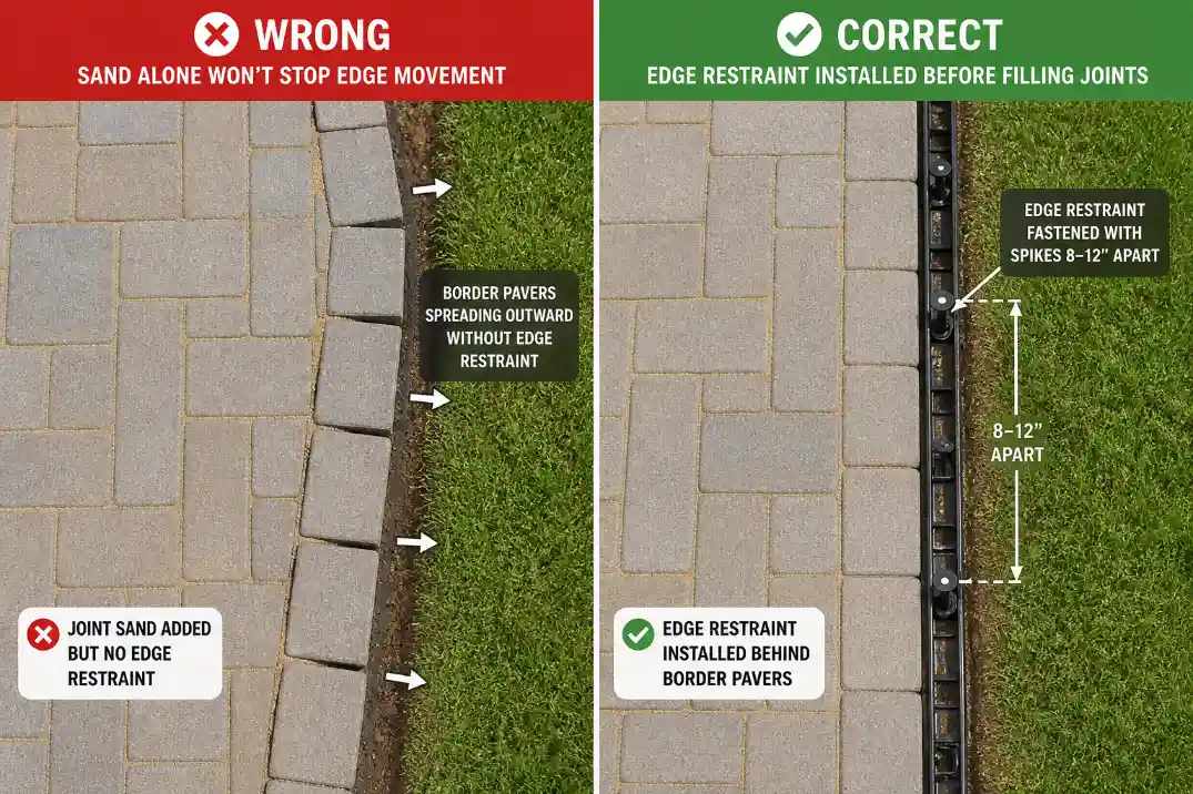 Comparison showing why paver edge restraint should be installed before polymeric sand when patio edge pavers are spreading.