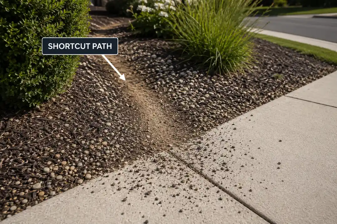Sidewalk strip with a worn shortcut path pushing loose mulch and gravel onto the concrete sidewalk.