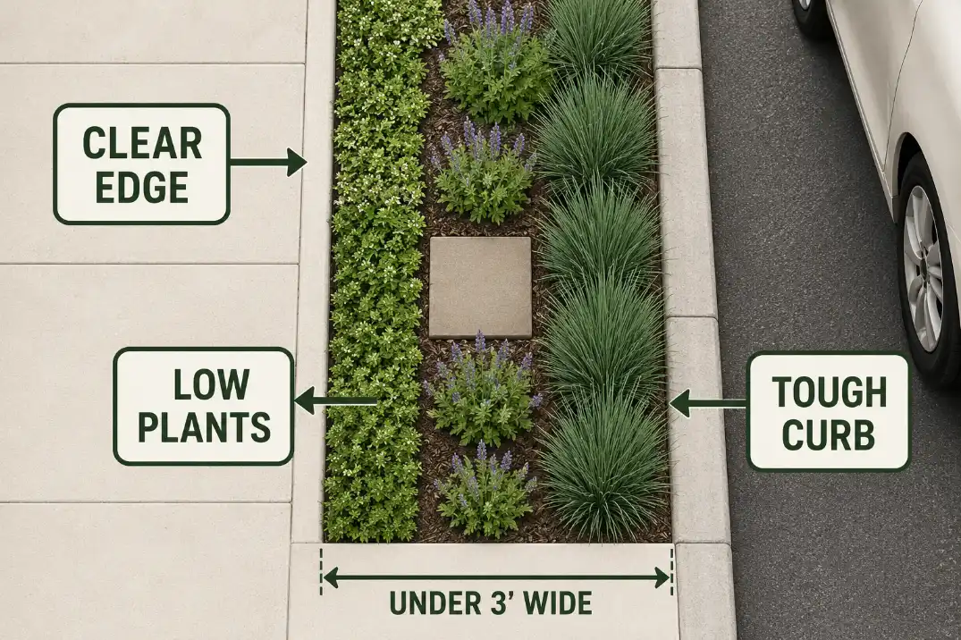Overhead diagram of a narrow sidewalk strip showing a clear sidewalk edge, low plants near the walkway, tough curb plants, and a stepping pad