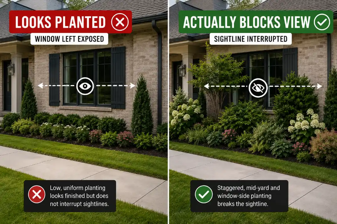 Comparison of close-street front yard privacy showing curb planting that only looks finished versus staggered planting that actually blocks the window view.
