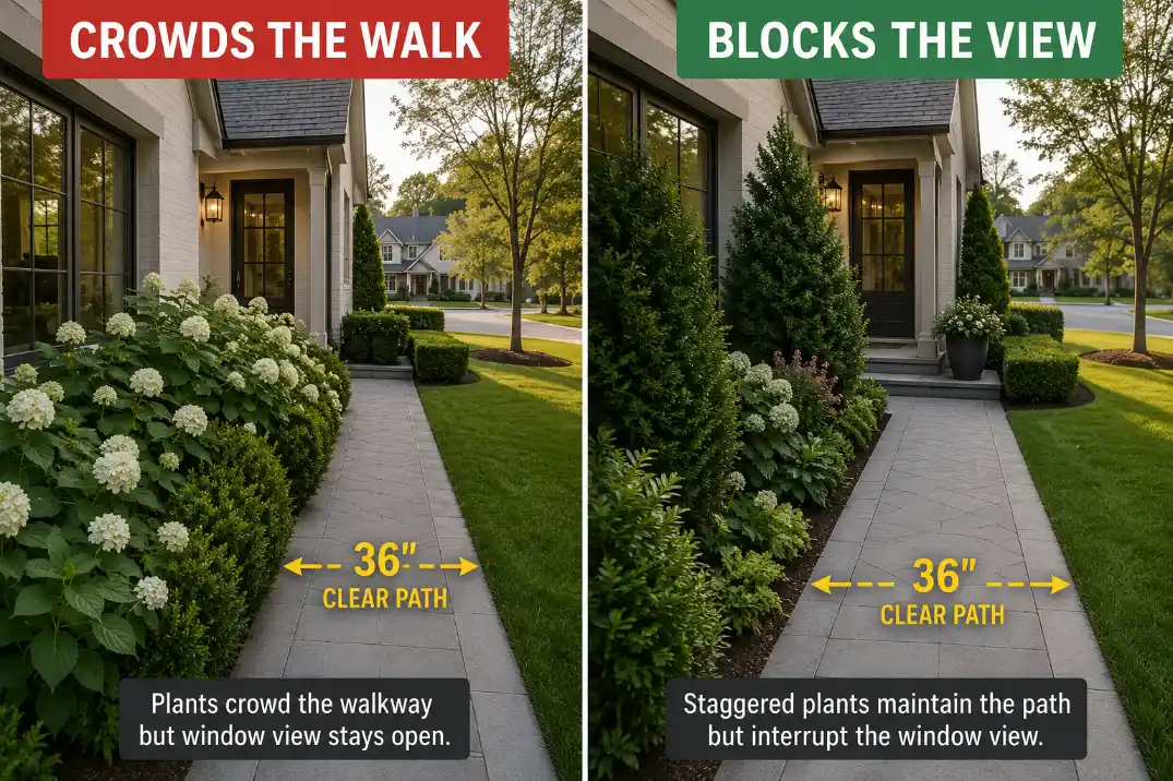 Comparison of small front yard shrubs crowding a walkway versus set-back shrubs that keep the path clear and block the window view.