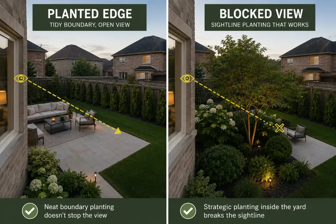 Comparison visual showing fence-line planting that leaves a patio exposed versus sightline planting that blocks a neighbor window view.