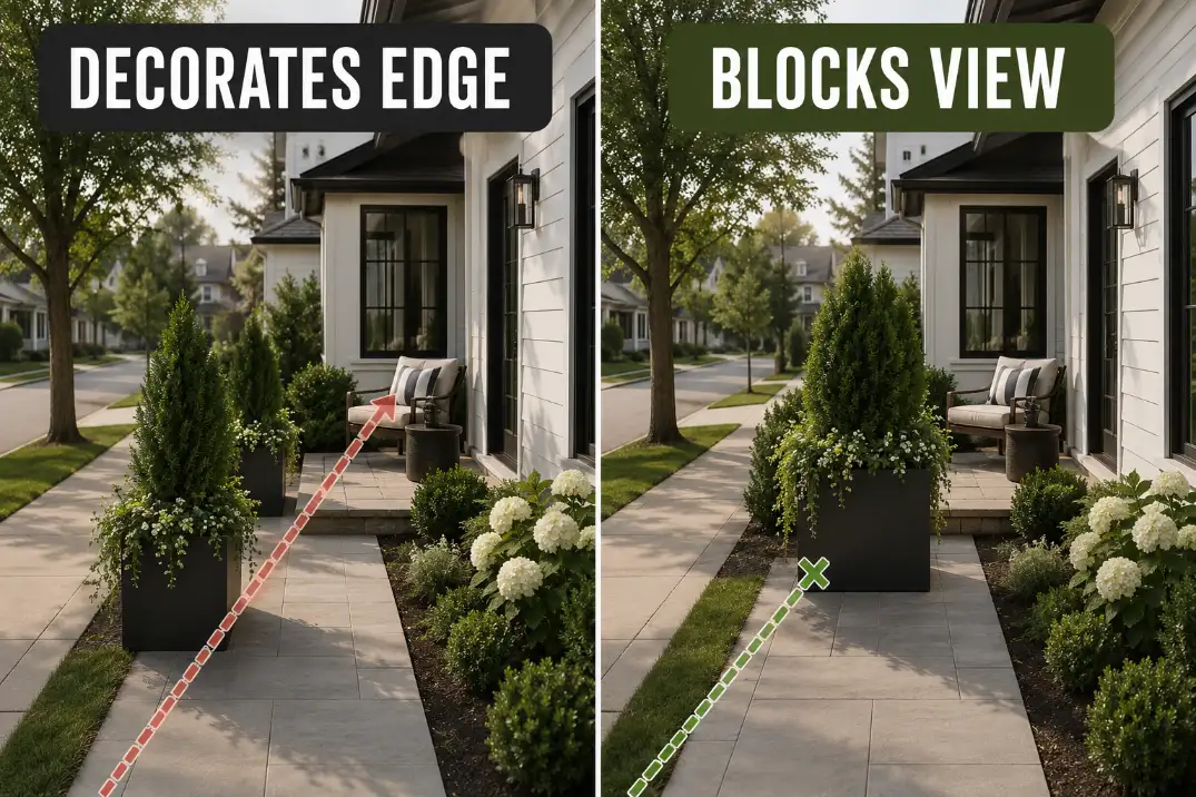 Comparison showing privacy planters used as edge decoration versus placed to block the actual patio sightline.