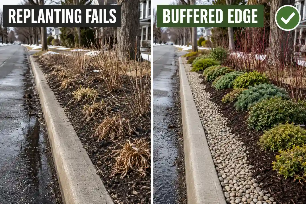 Before and after sidewalk strip showing a vulnerable curb planting replaced with a buffered edge after road salt damage.