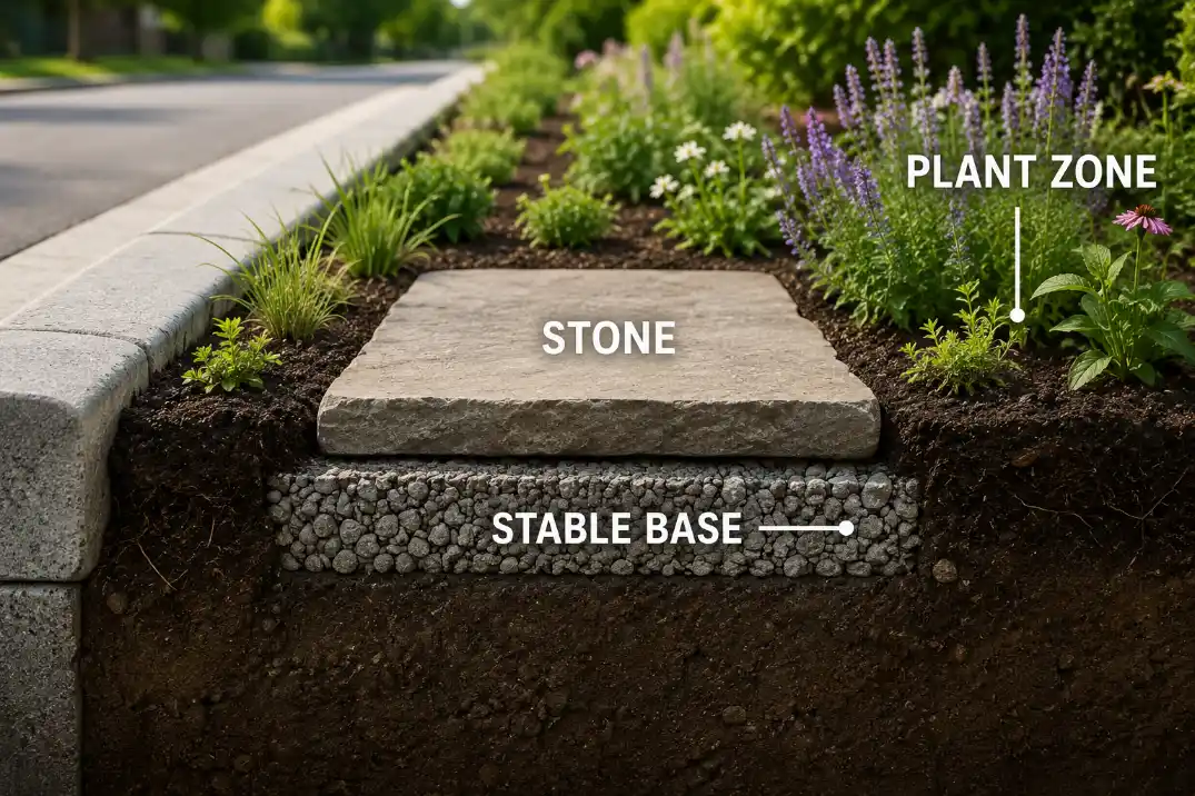 Cutaway showing a sidewalk strip stepping stone installed over a stable base with nearby plants protected from foot traffic.