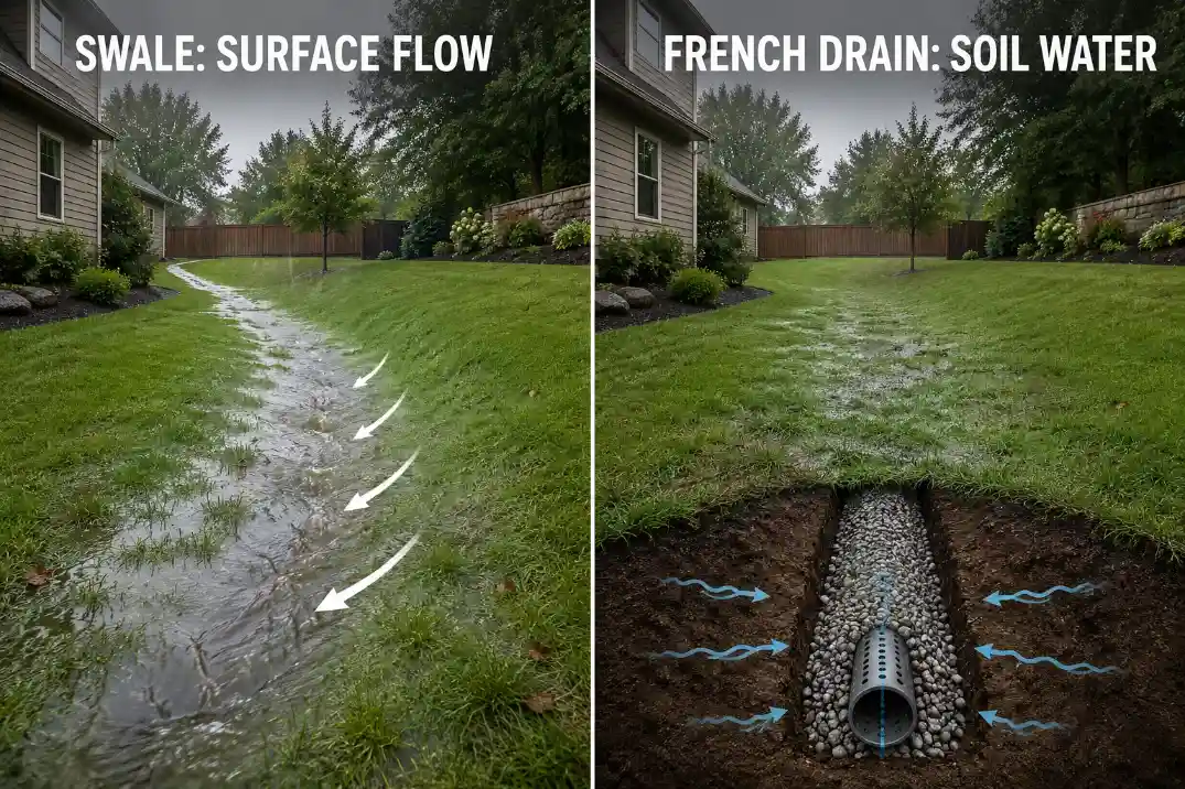 Comparison of a shallow swale for surface runoff and a French drain for saturated soil water in a wet backyard.