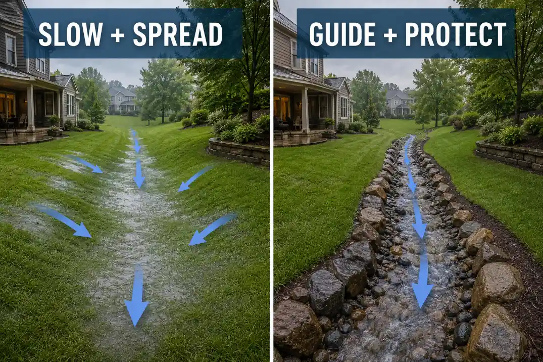 Swale and dry creek bed comparison showing one runoff path slowed by grass and another protected with rock.