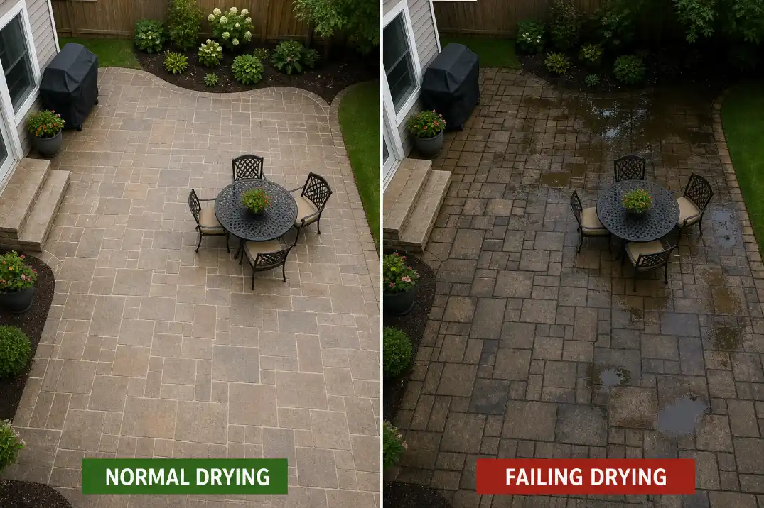 Comparison of a patio that dries evenly after rain and a patio with damp low spots and dirty joints