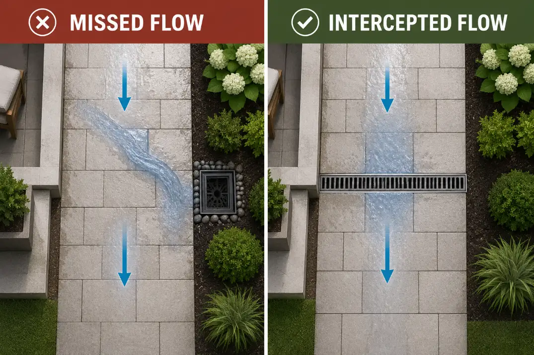 Overhead drainage diagram showing a misplaced side basin missing walkway runoff and a channel drain intercepting the flow path.