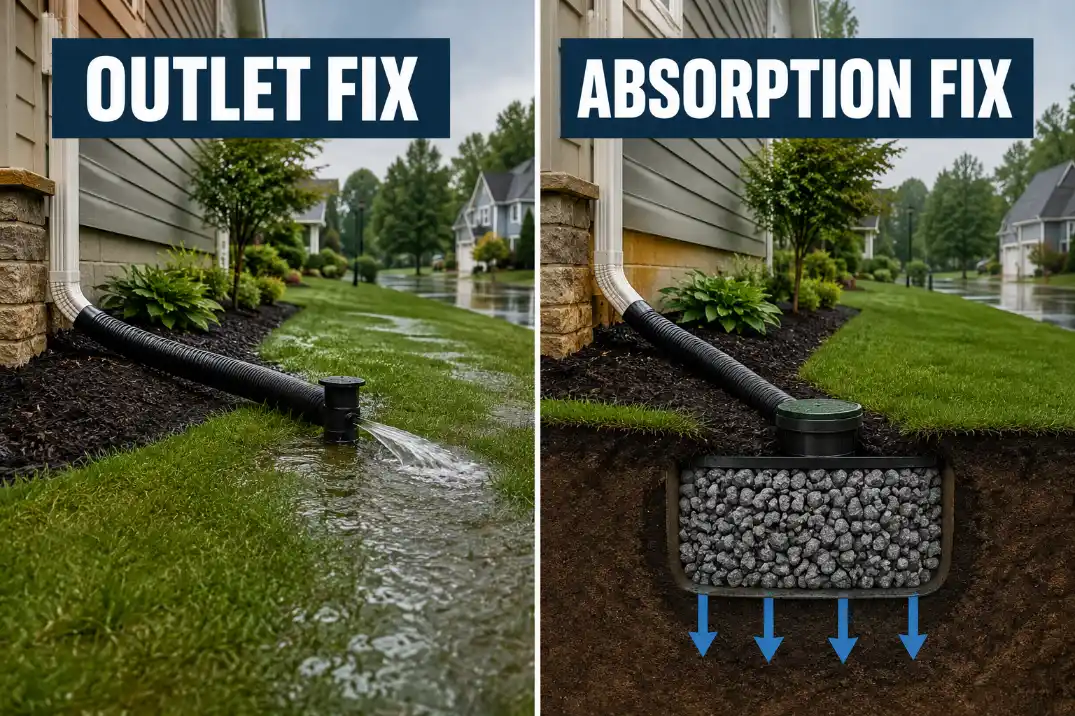 Pop-up emitter releasing downspout water compared with a dry well soaking roof runoff into a buried gravel chamber.