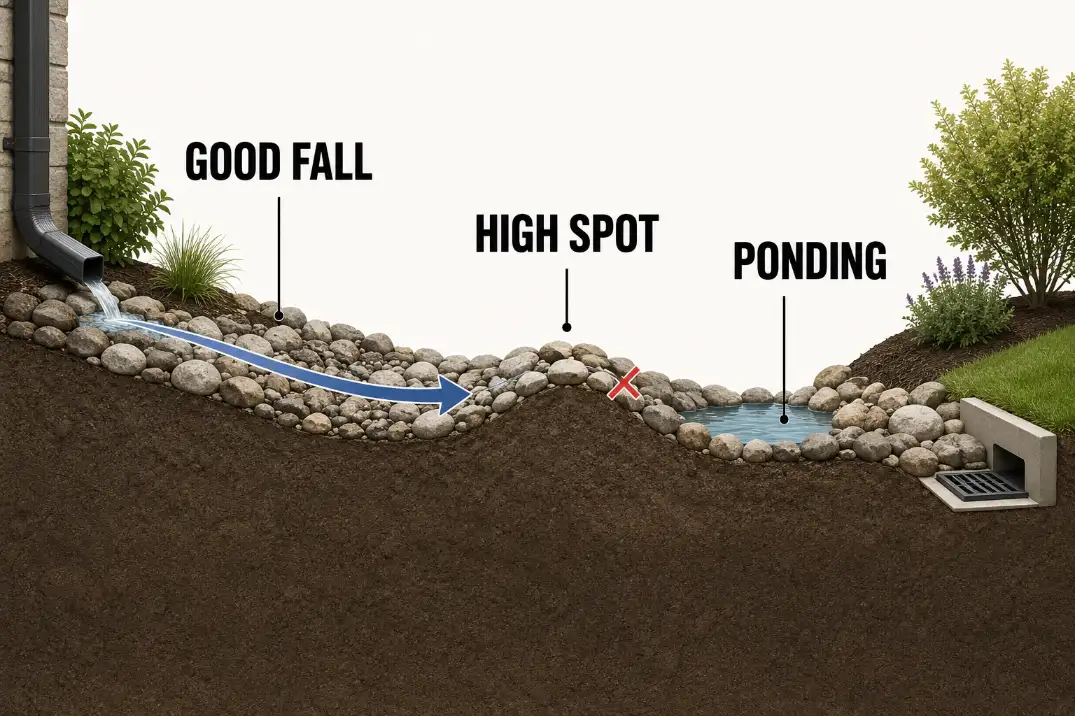 Side-profile diagram showing a dry creek bed with a high spot that stops water flow and creates ponding.