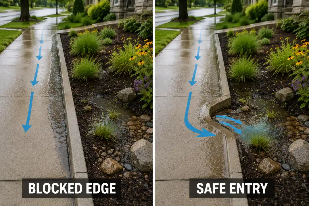 Comparison of a walkway edge blocking runoff beside a rain garden versus a safe entry notch guiding water into the basin.