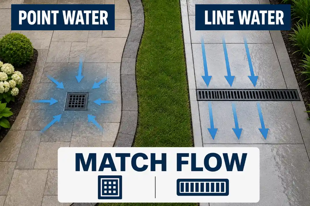 Overhead drainage diagram showing point water matched to a basin and line water matched to a channel drain.
