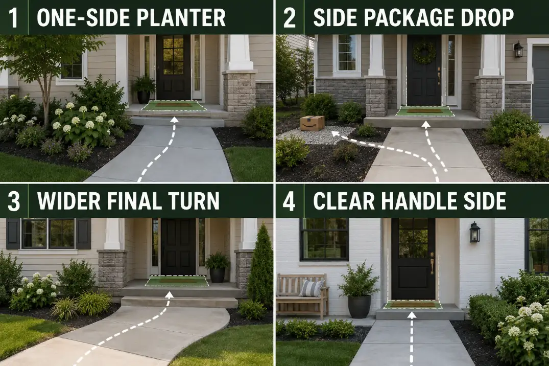 Two-by-two front entry idea window showing one-side planter, side package drop, wider final turn, and clear handle side solutions.
