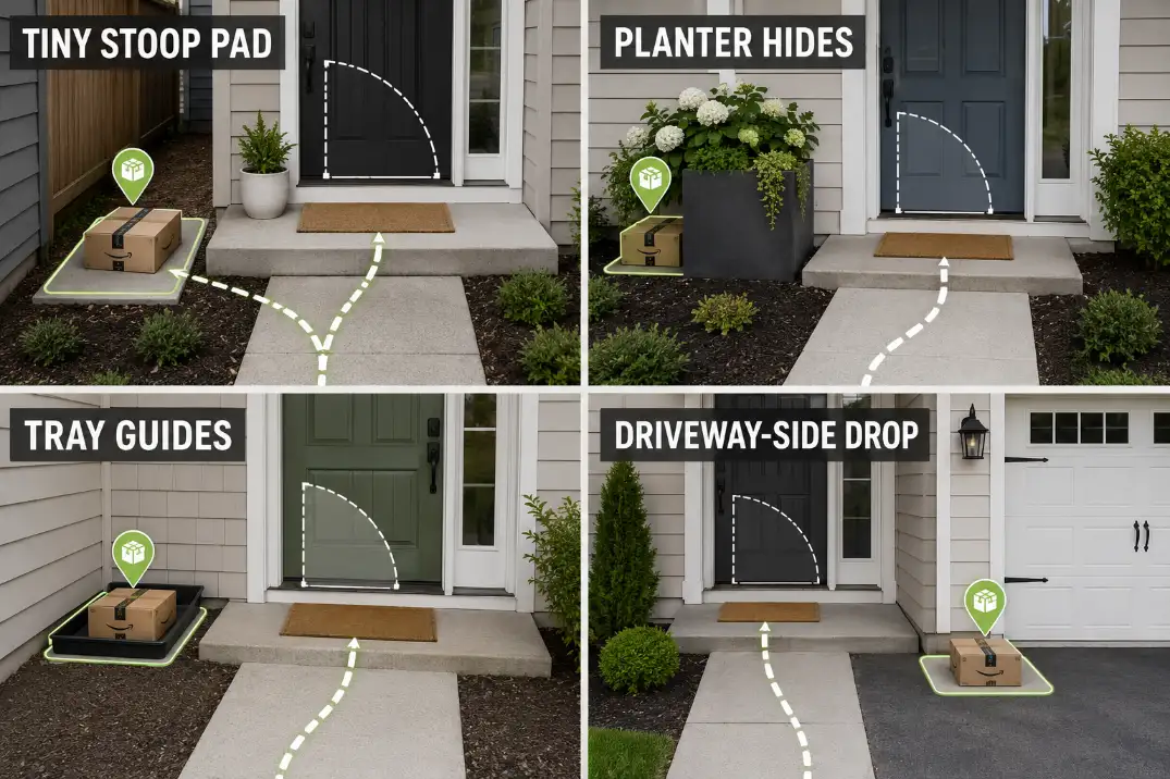 Four smart front yard package delivery zone ideas showing a tiny stoop pad, planter screen, guided tray, and driveway-side drop area.