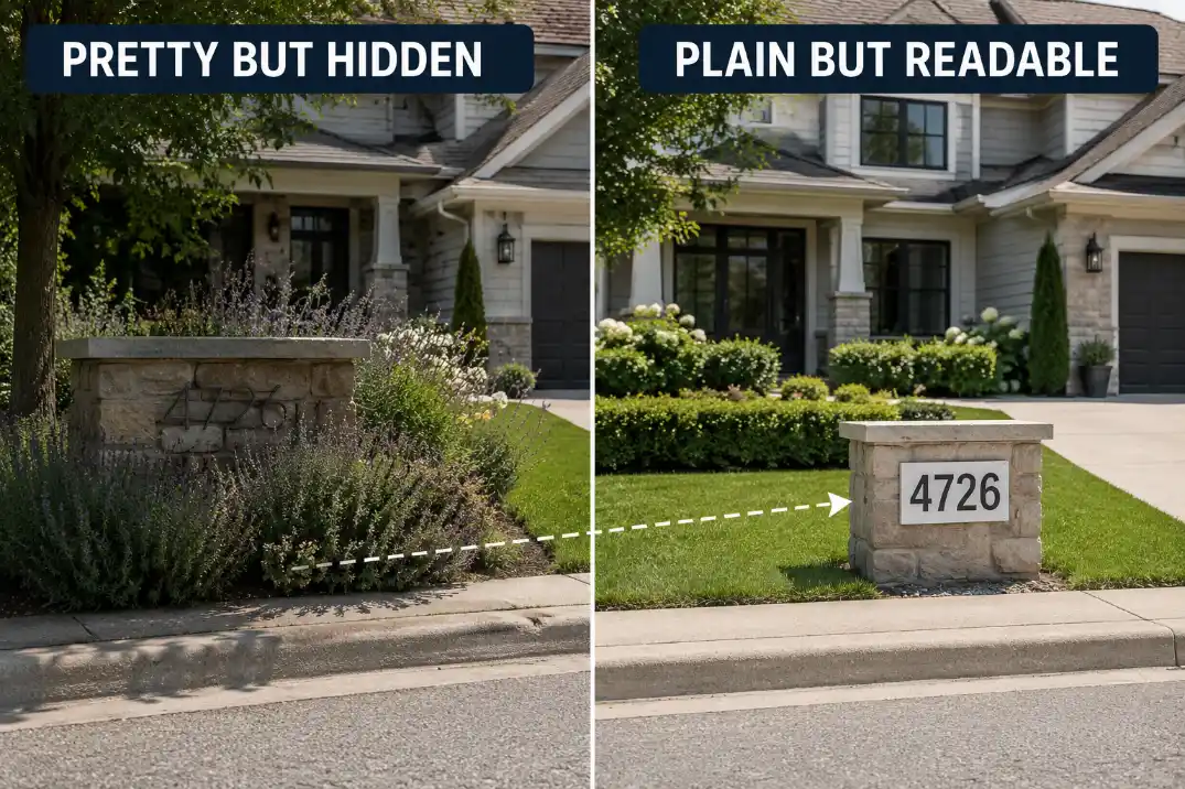 Comparison of a stylish hidden house number and a plain readable address marker visible from the street.