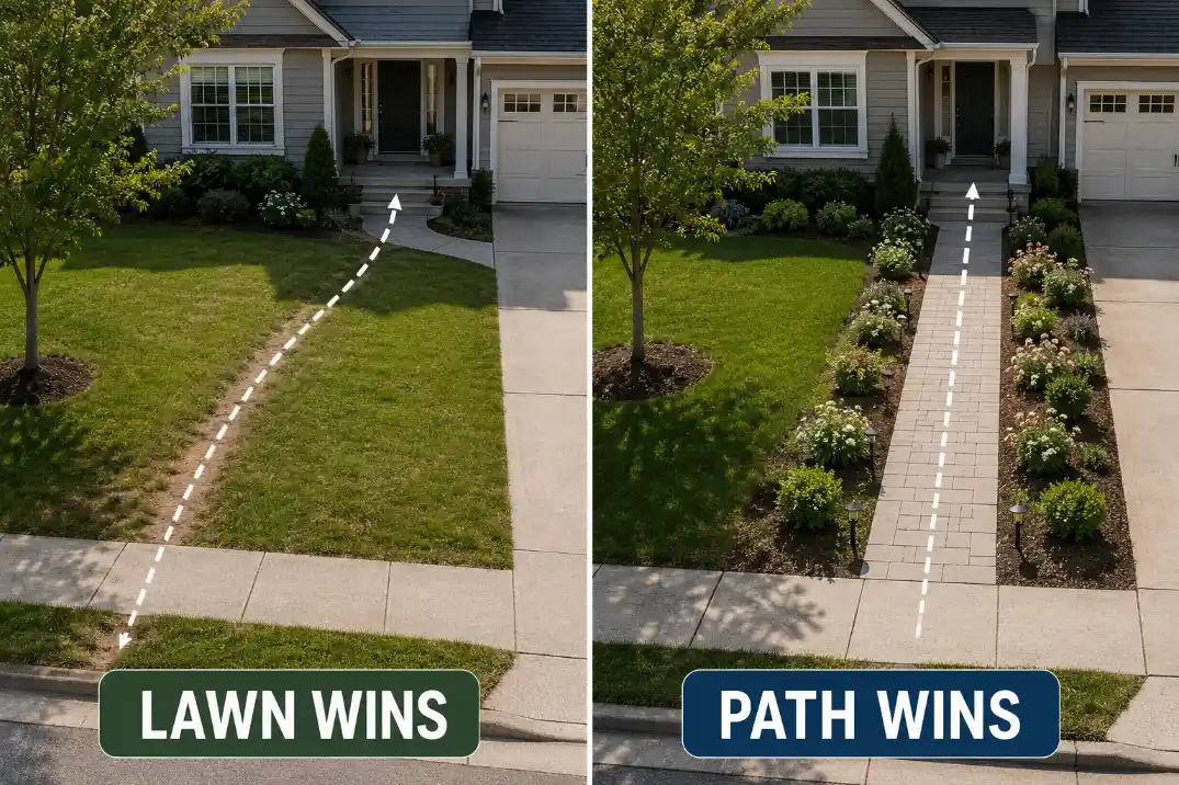 Comparison visual showing a front yard where the lawn shortcut wins versus the corrected layout where the paved path becomes the obvious route.