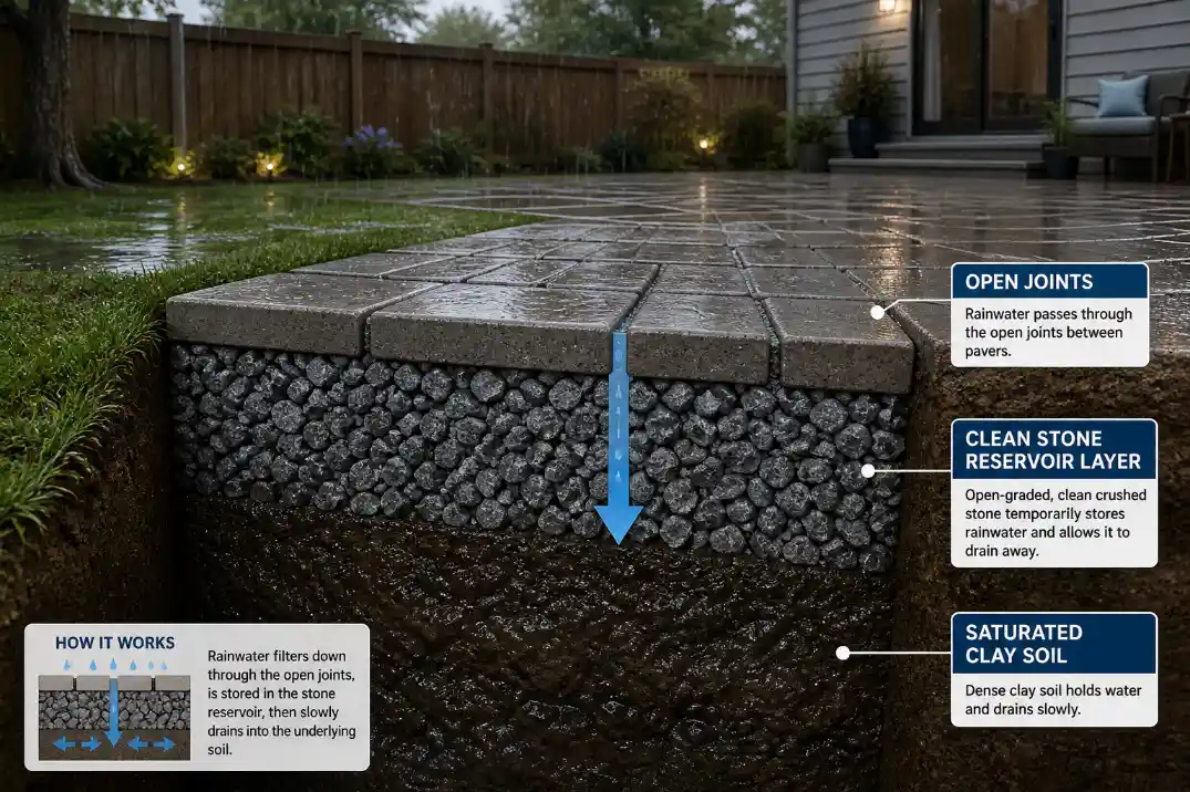 Cutaway of permeable pavers draining water through open joints into a stone base above wet soil.