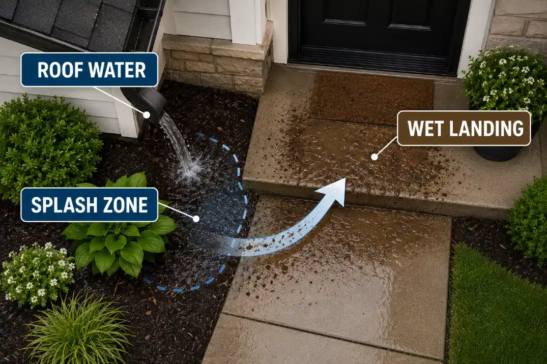Overhead drainage diagram showing roof water and splashback carrying soil toward a wet front door landing.