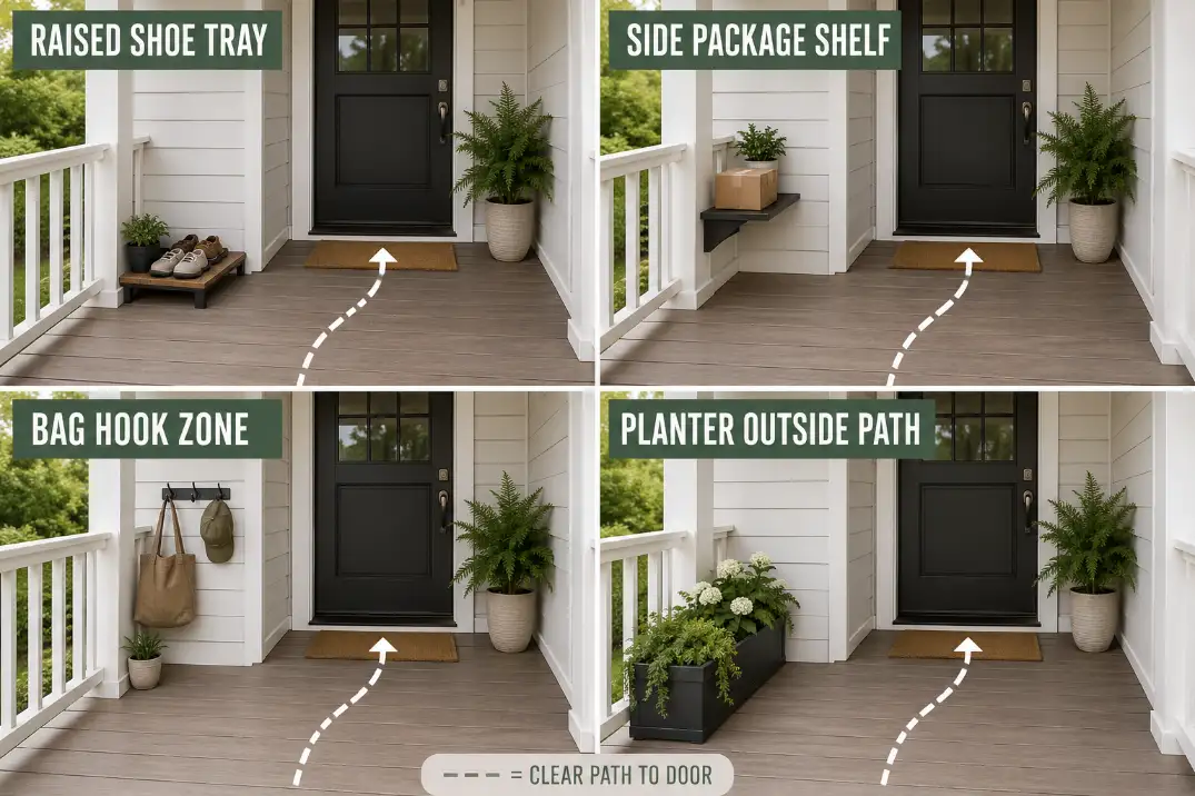 Four small front porch drop zone ideas showing a raised shoe tray, side package shelf, bag hook zone, and planter outside the path.