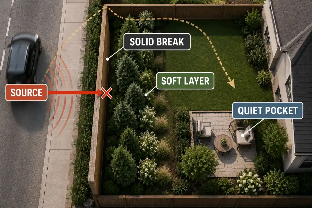 Overhead diagram showing a solid barrier and soft planting layer blocking the direct sound line before it reaches a seating pocket.