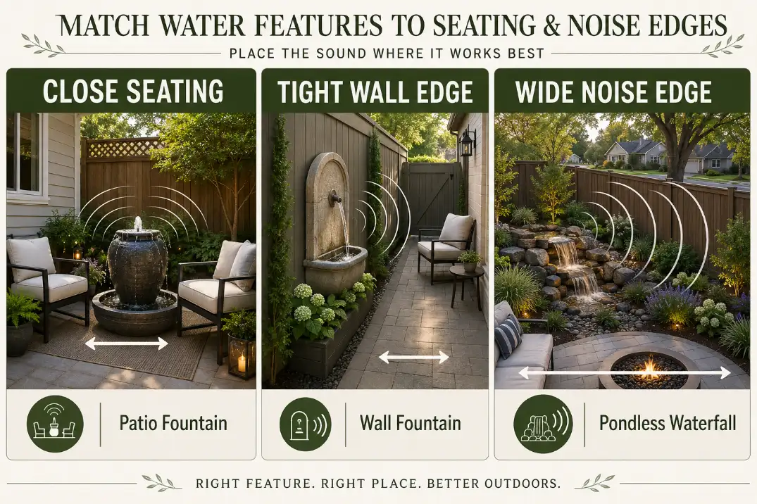 Diagram comparing patio fountain, wall fountain, and pondless waterfall placement for softening different yard noise situations.