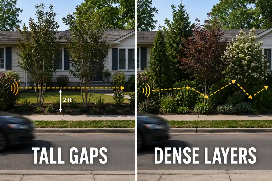 Comparison of gapped tall planting and dense layered planting for reducing road noise in a front yard.