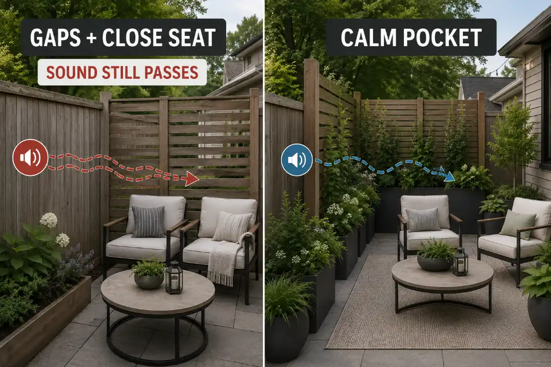 Comparison of a weak slat screen beside fence-side chairs and a calmer backyard seating pocket with dense screening and planting.