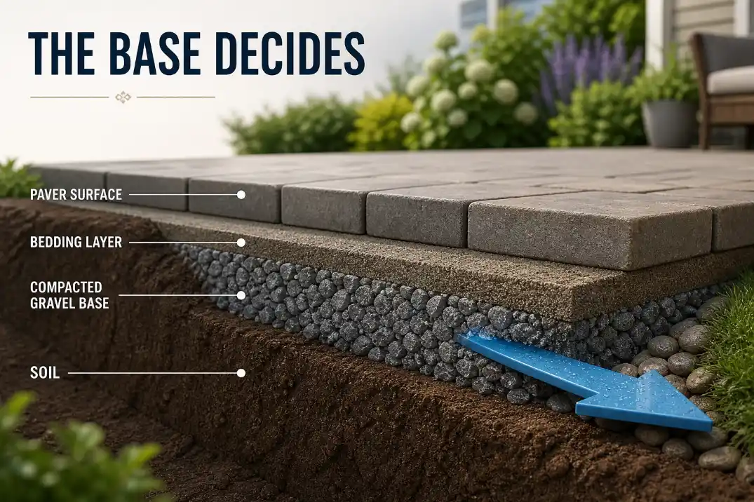 3D cutaway showing paver patio layers, compacted base, and drainage path that controls patio stability.
