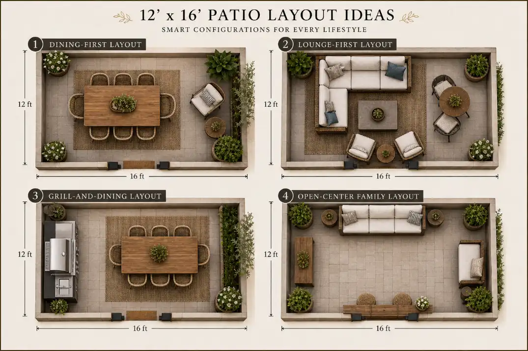 Four 12x16 patio furniture layout ideas showing dining-first, lounge-first, grill-and-dining, and open-center family arrangements