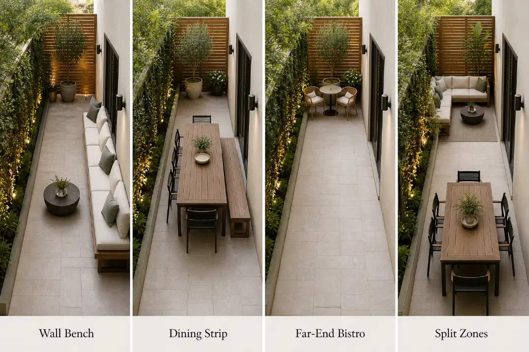 Four premium long narrow patio furniture layout ideas showing a wall bench, dining strip, far-end bistro, and split zones.
