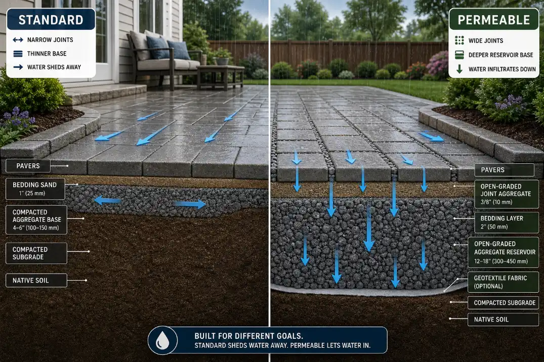 Cutaway comparison of standard pavers shedding water and permeable pavers draining through open joints into a gravel base.