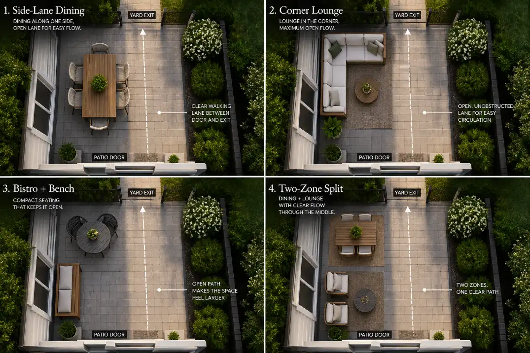 Four-panel overhead comparison of small rectangular patio layout ideas including side-lane dining, corner lounge, bistro bench, and two-zone split.