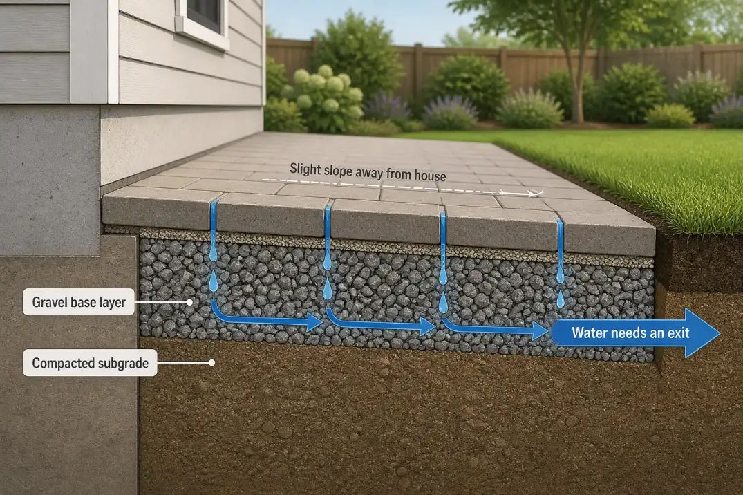 Paver patio drainage diagram showing water moving through joints into a gravel base and away from the house.