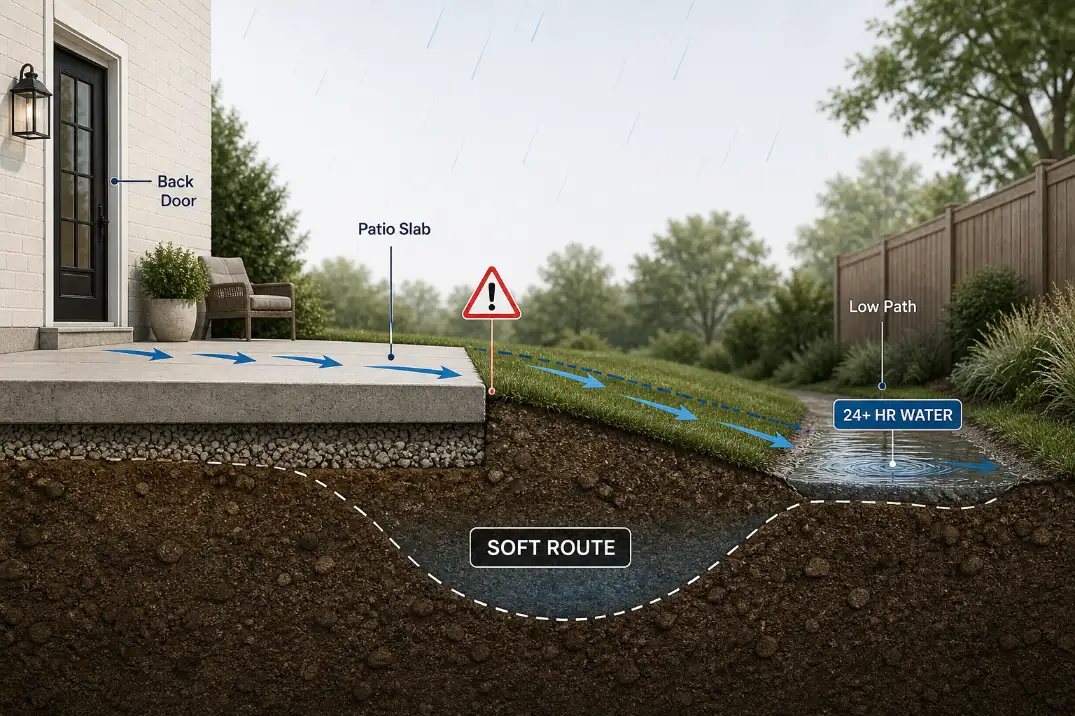 Premium drainage diagram showing water collecting for more than 24 hours in a low backyard walking route beside a patio.