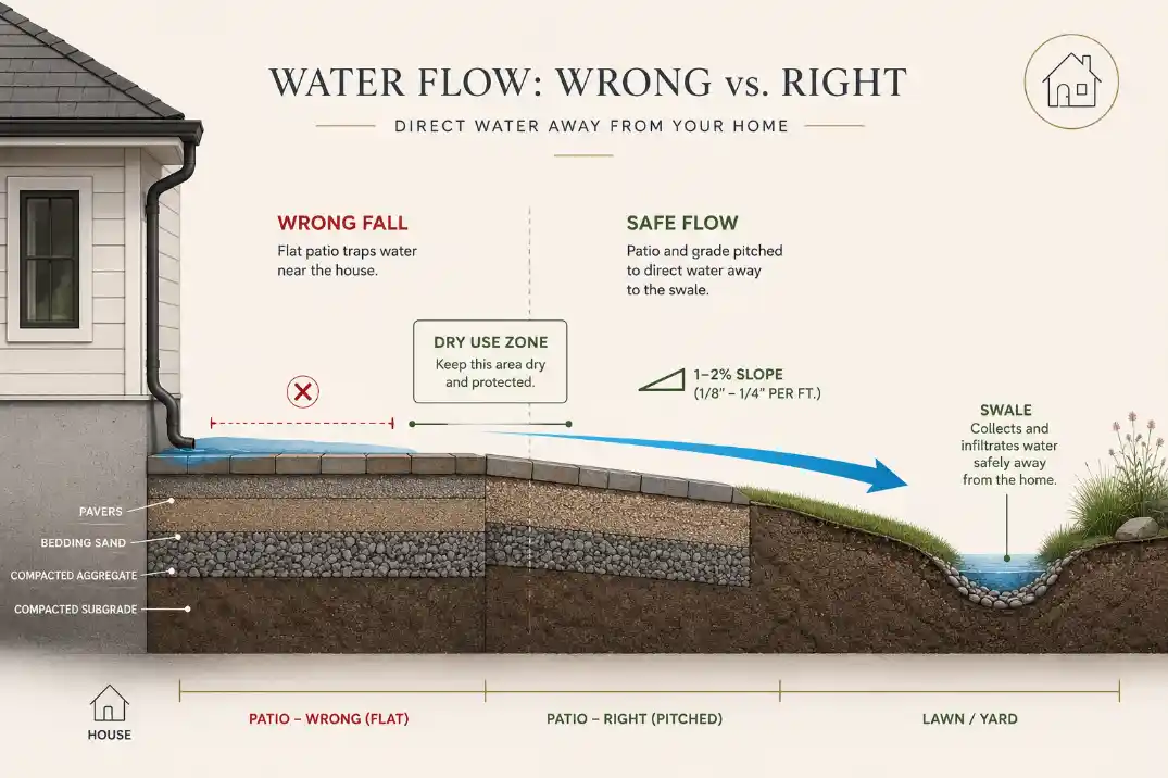 Premium drainage diagram showing wrong patio fall trapping water near a house and safe flow directing runoff toward a swale.