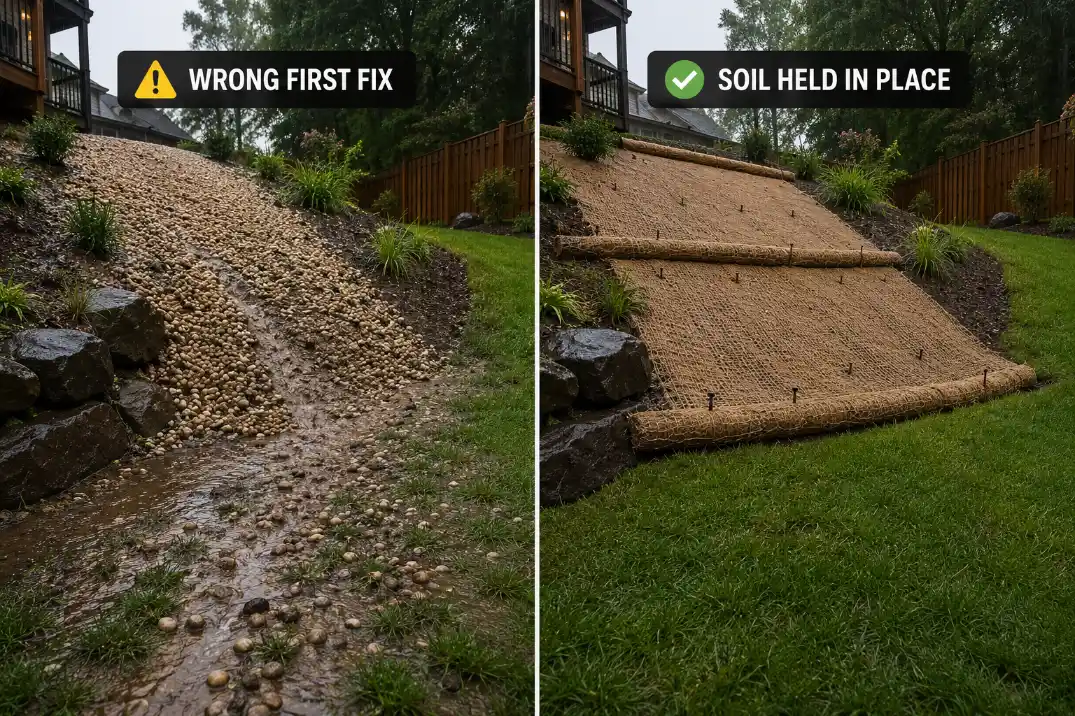 Comparison showing loose gravel failing on a backyard slope versus erosion blanket and wattles holding soil in place