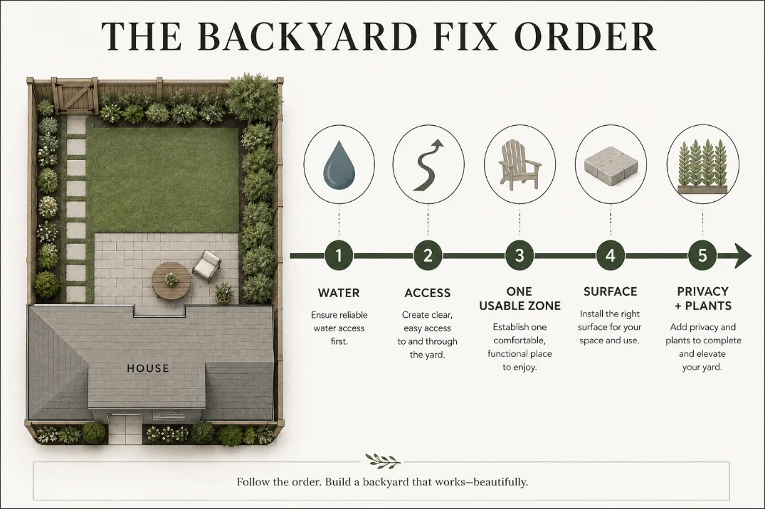 Premium backyard planning diagram showing the repair order from water movement to access, usable zone, surface choice, and final planting.