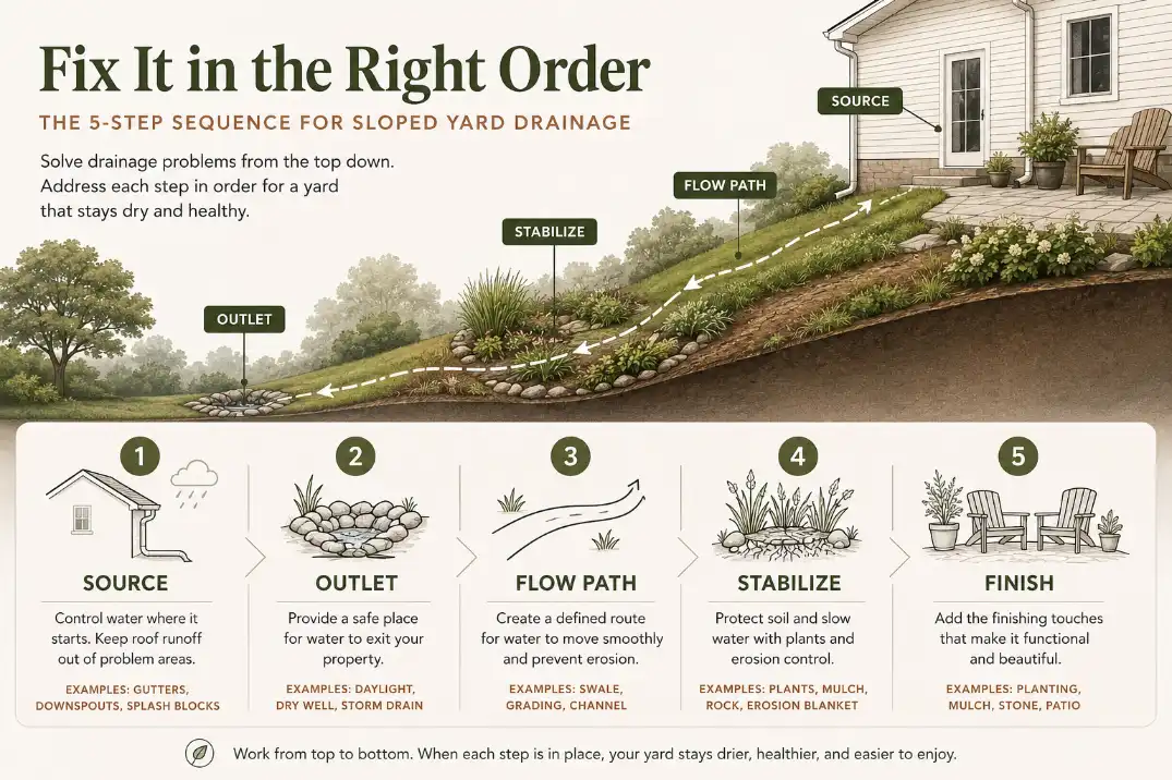 Premium numbered diagram showing the correct sequence for fixing slope drainage and erosion from source to finish.