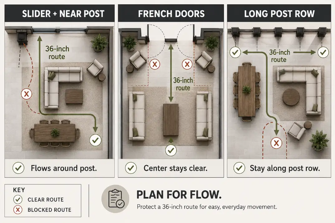 Premium diagram showing three covered patio furniture layouts for a slider, French doors, and a long row of posts.