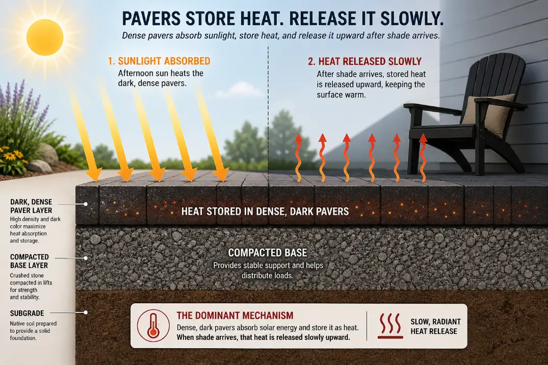 Diagram showing dark patio pavers absorbing afternoon sun and releasing stored heat after shade reaches the patio.